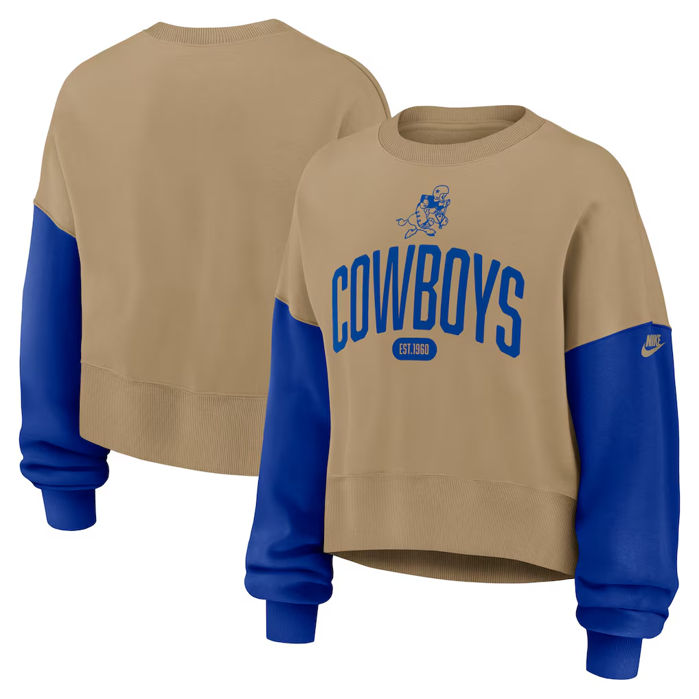 DALLAS COWBOYS WOMEN'S NIKE OVERSIZED REWIND PULLOVER CREWNECK SWEATSHIRT - TAN