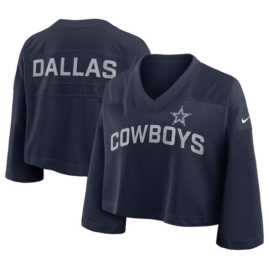 DALLAS COWBOYS WOMEN'S NIKE PRIMETIME CROPPED MESH DRI-FIT FASHION JERSEY - NAVY