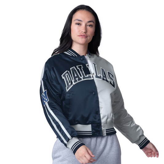 DALLAS COWBOYS WOMEN'S ZONE BLITZ CROPPED FULL-SNAP SATIN JACKET - NAVY/SILVER