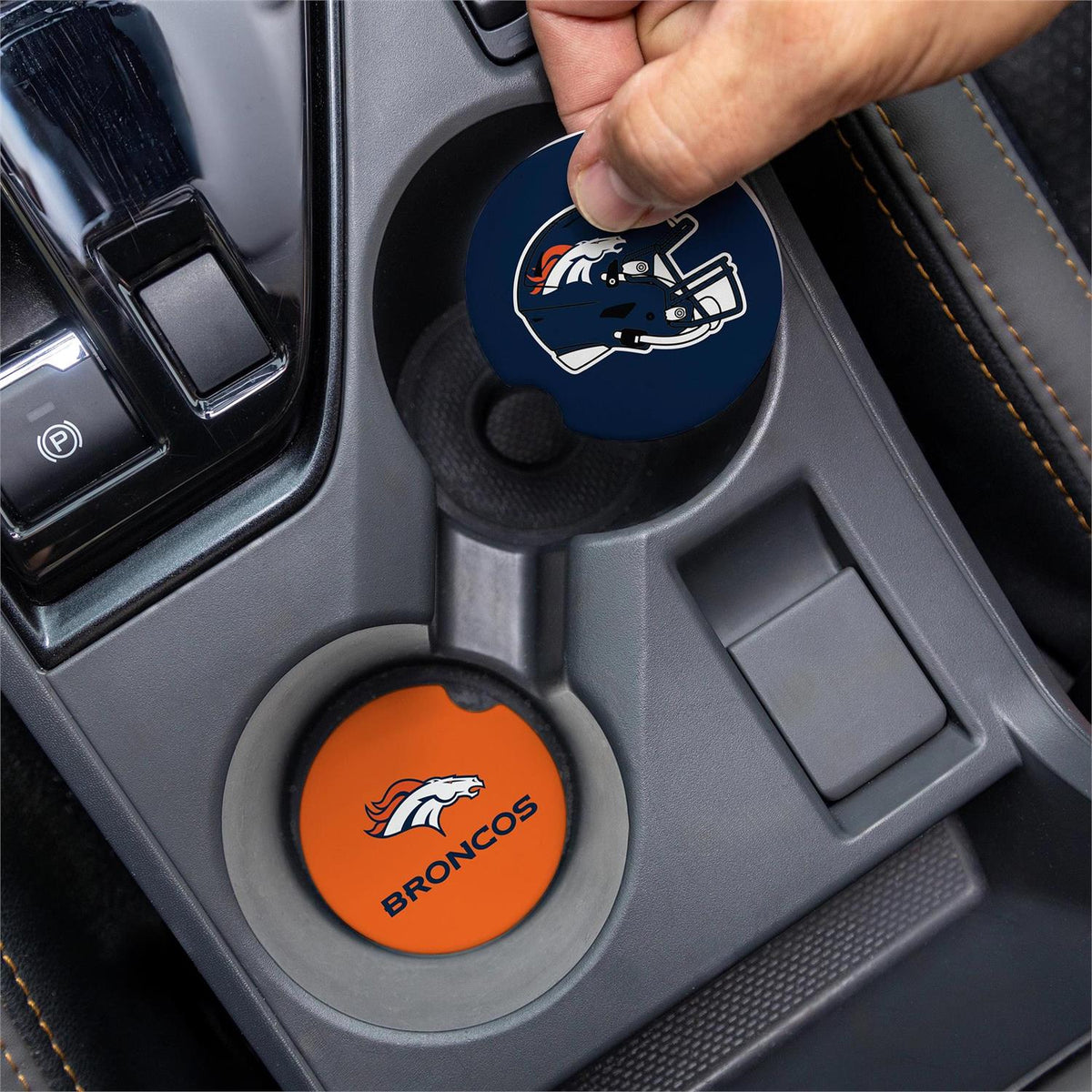 DENVER BRONCOS 2-PIECE CAR COASTER SET