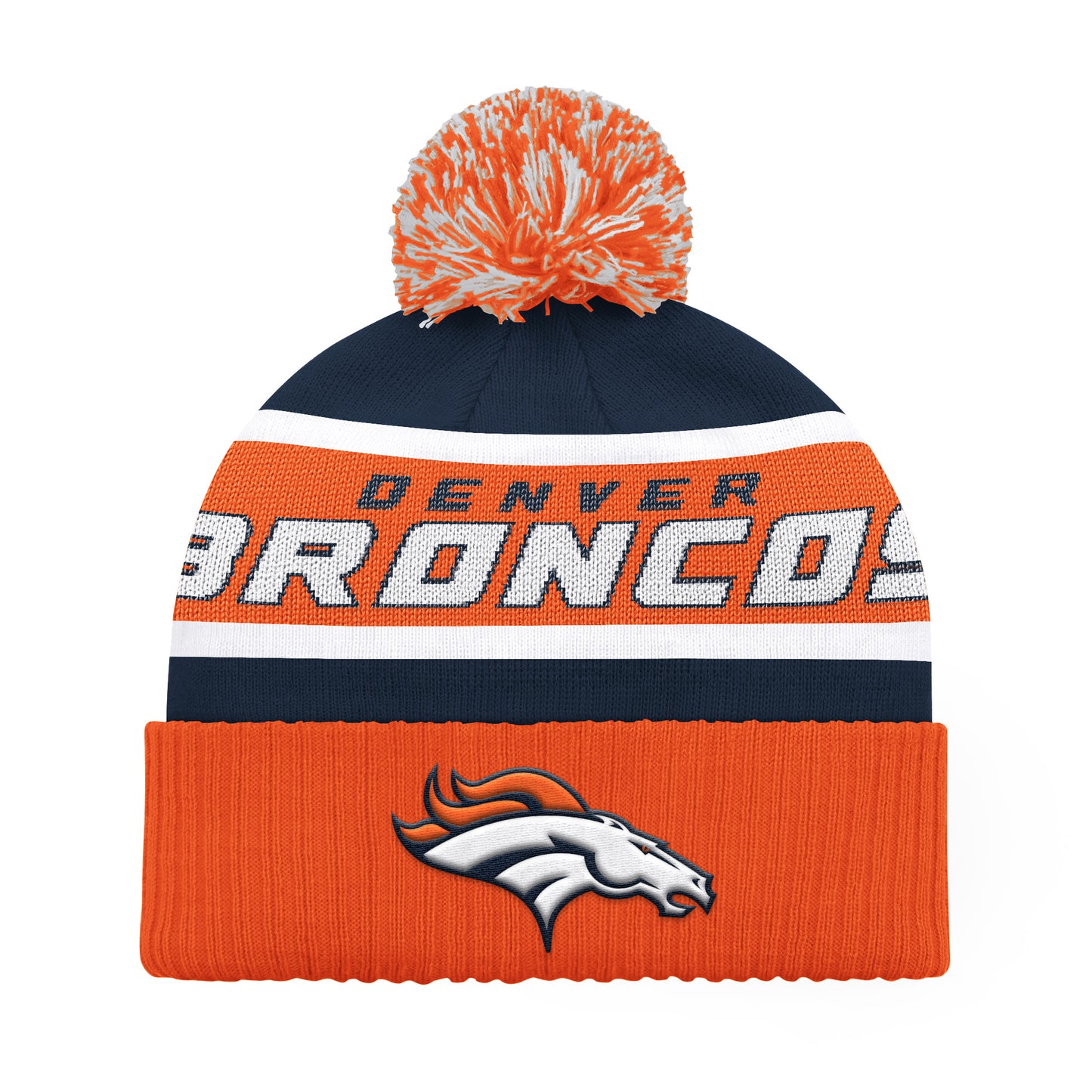 DENVER BRONCOS MEN'S STARTER LEGACY CUFFED KNIT WITH POM - ORANGE/NAVY
