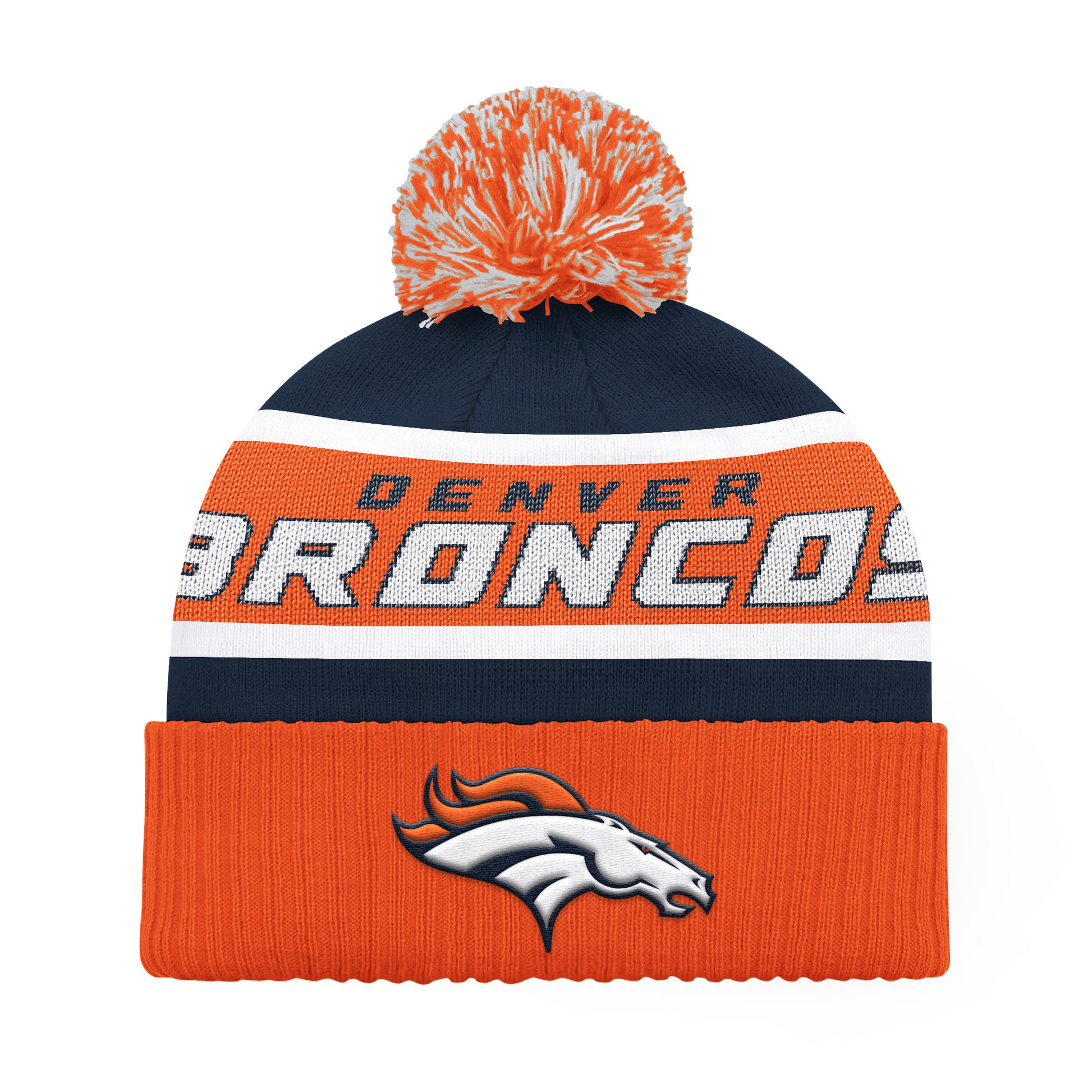 DENVER BRONCOS MEN'S STARTER LEGACY CUFFED KNIT WITH POM - ORANGE/NAVY