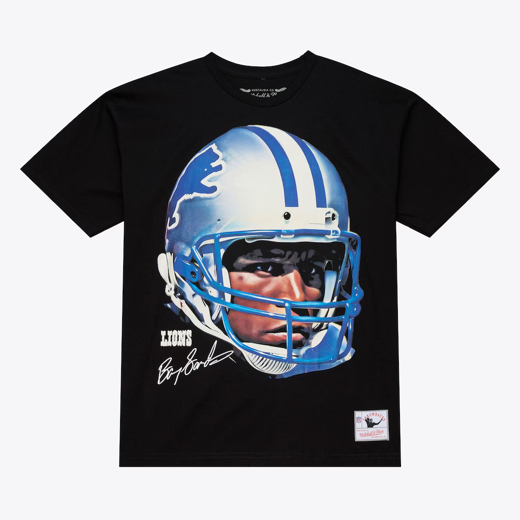 DETROIT LIONS BARRY SANDERS MEN'S MITCHELL & NESS REAL BIG FACE T-SHIRT - BLACK