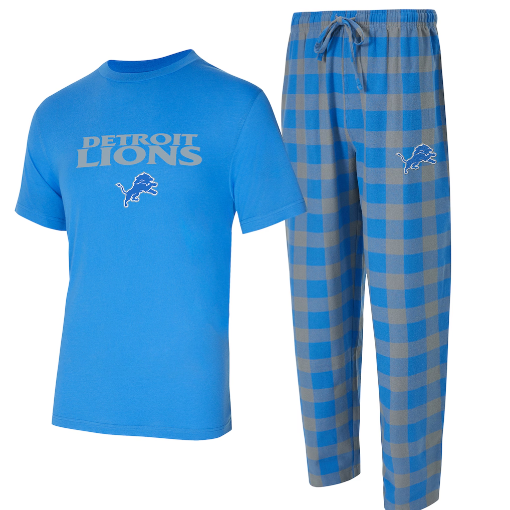 DETROIT LIONS MEN'S COLLEGE CONCEPTS AVONDALE T-SHIRT & FLANNEL PANT SLEEPWEAR SET - BLUE/GRAY