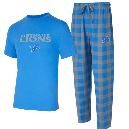 DETROIT LIONS MEN'S COLLEGE CONCEPTS AVONDALE T-SHIRT & FLANNEL PANT SLEEPWEAR SET - BLUE/GRAY