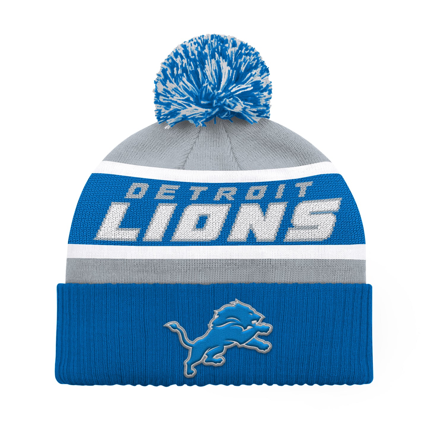 DETROIT LIONS MEN'S STARTER LEGACY CUFFED KNIT WITH POM - GRAY/BLUE