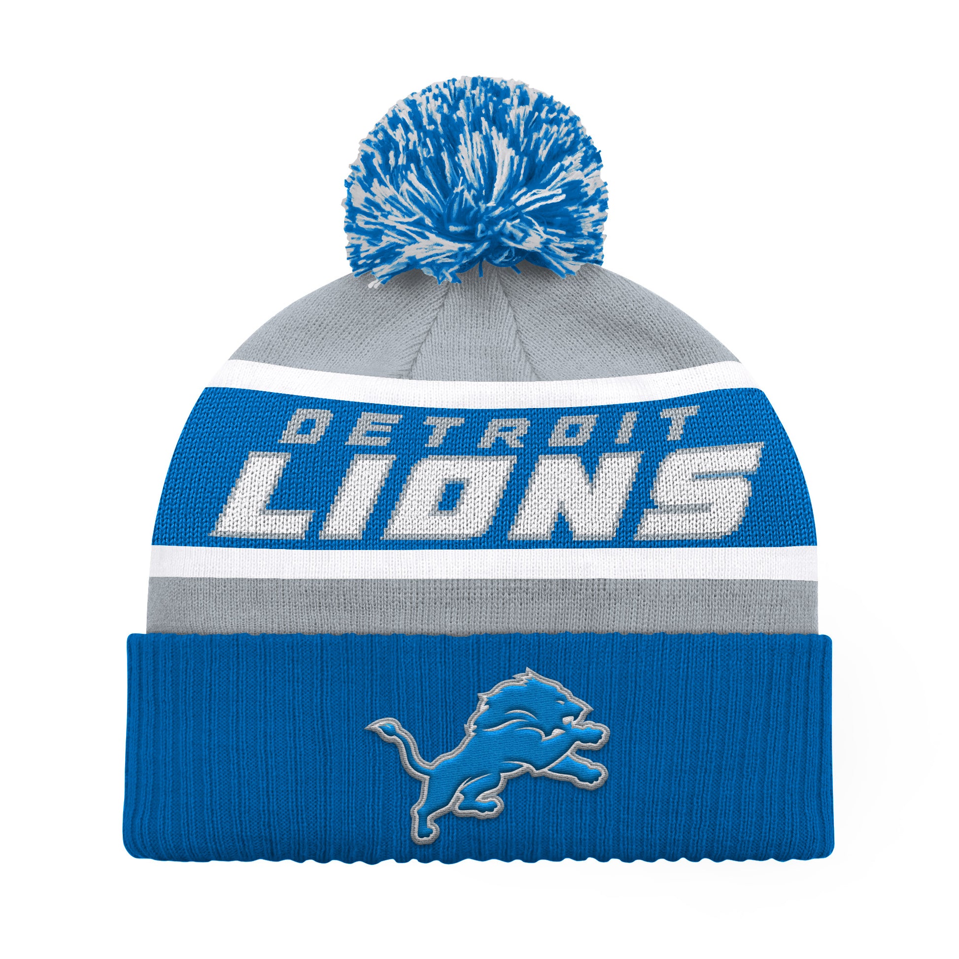 DETROIT LIONS MEN'S STARTER LEGACY CUFFED KNIT WITH POM - GRAY/BLUE