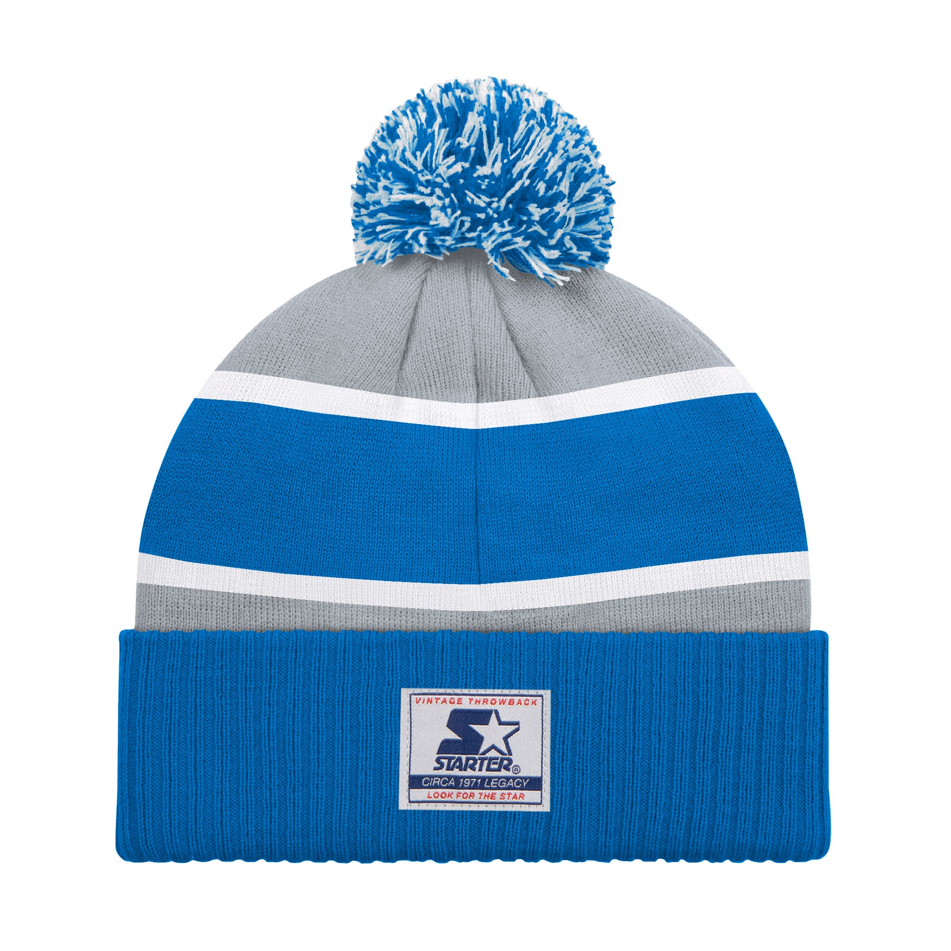 DETROIT LIONS MEN'S STARTER LEGACY CUFFED KNIT WITH POM - GRAY/BLUE