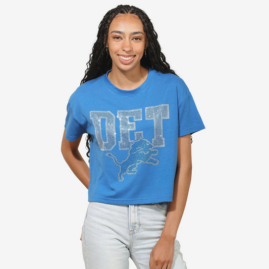 DETROIT LIONS WOMEN'S FOCO RHINESTONE LOGO CROP TOP T-SHIRT - BLUE