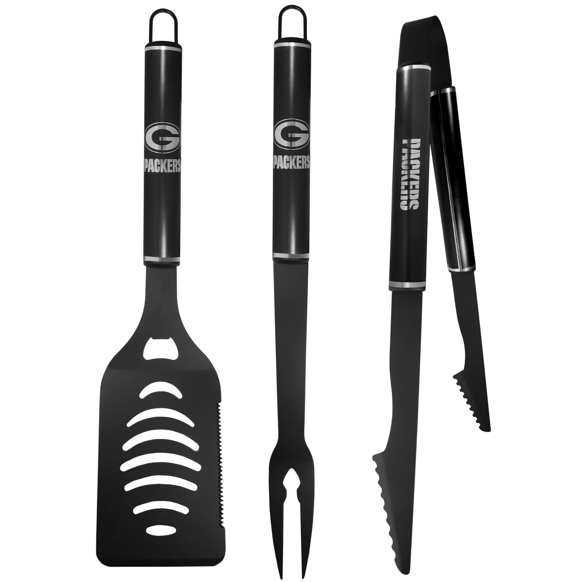 GREEN BAY PACKERS 3 PIECE MONOCHROMATIC BBQ SET - BLACK