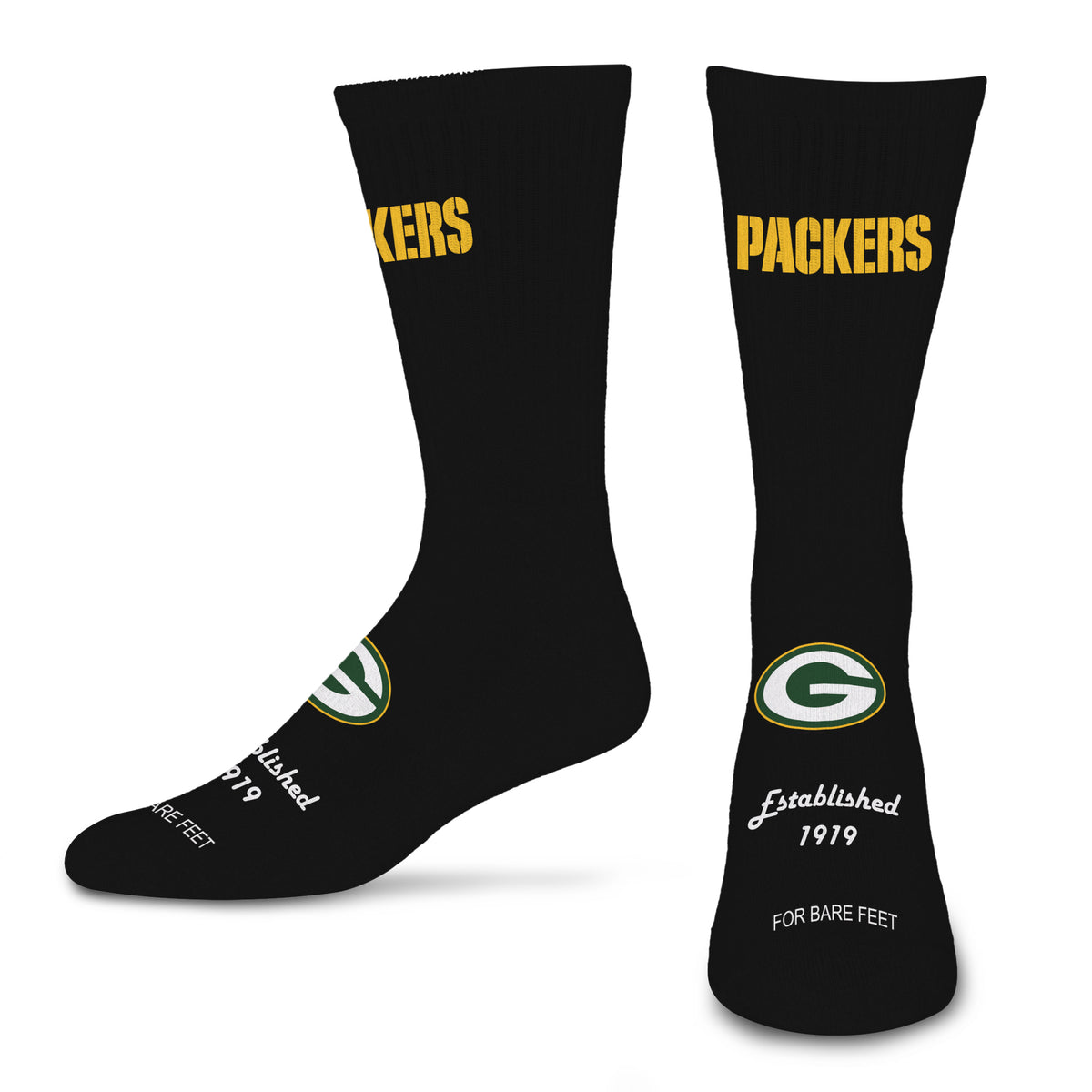 GREEN BAY PACKERS MEN'S FOR BARE FEET ESTABLISHED SOCK - BLACK