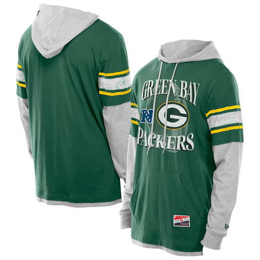 GREEN BAY PACKERS MEN'S NEW ERA TWOFER LAYERED LONG SLEEVE T-SHIRT - GREEN/GRAY