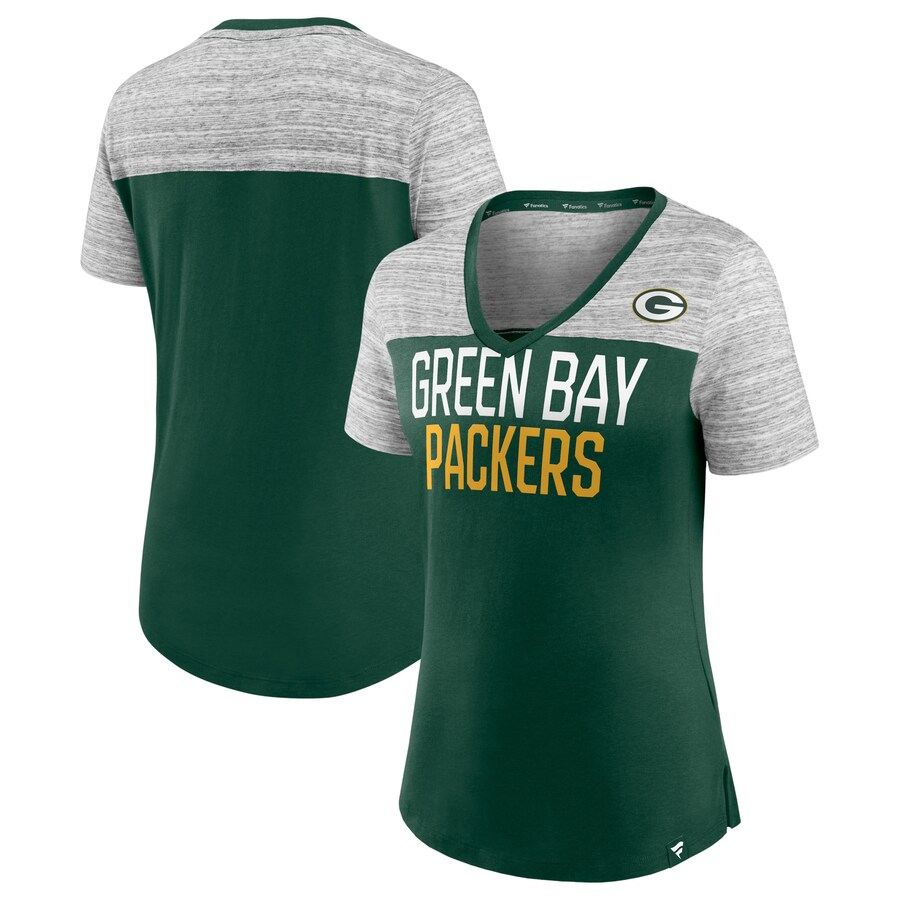green bay packers dress shirt Women's Fanatics Green/Heathered Gray Green Bay Packers Close Quarters V-Neck T-Shirt Size: Extra Large