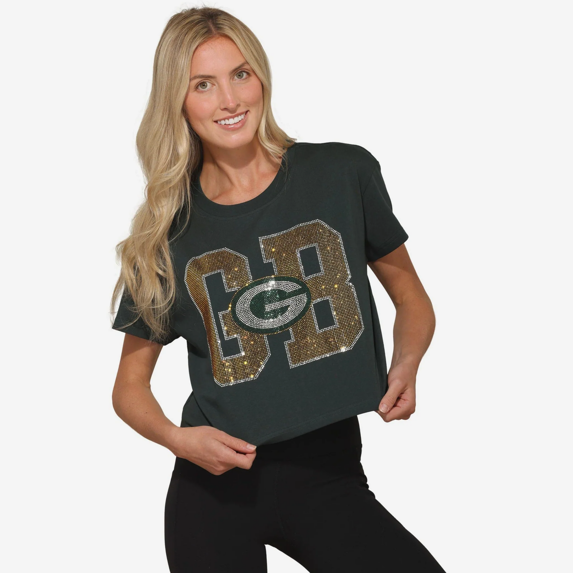 GREEN BAY PACKERS WOMEN'S FOCO RHINESTONE LOGO CROP TOP T-SHIRT - GREEN