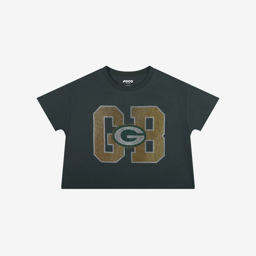 GREEN BAY PACKERS WOMEN'S FOCO RHINESTONE LOGO CROP TOP T-SHIRT - GREEN