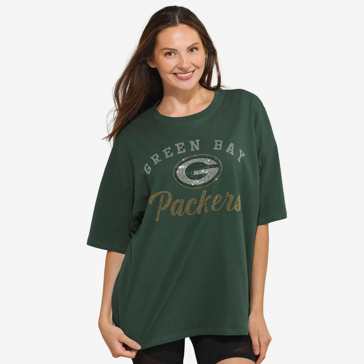 GREEN BAY PACKERS WOMEN'S FOCO RHINESTONE LOGO OVERSIZED T-SHIRT - GREEN