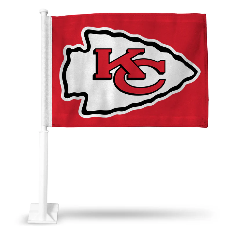 KANSAS CITY CHIEFS DOUBLE SIDED 16" X 19" CAR FLAG - RED FLAG WITH WHITE POLE