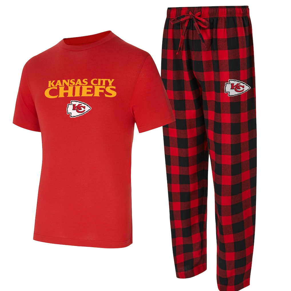 KANSAS CITY CHIEFS MEN'S COLLEGE CONCEPTS AVONDALE T-SHIRT & FLANNEL PANT SLEEPWEAR SET - RED/GOLD