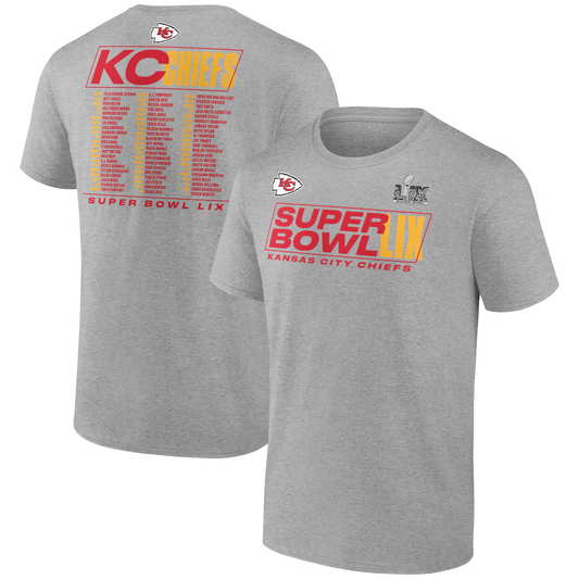KANSAS CITY CHIEFS MEN'S SUPER BOWL LIX ROSTER T-SHIRT - HEATHER GRAY