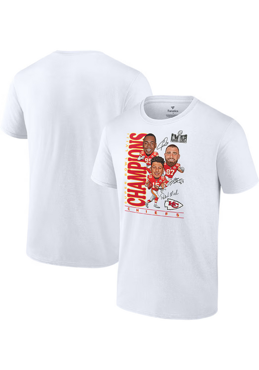 KANSAS CITY CHIEFS MEN'S SUPER BOWL LVIII CHAMPIONS CARICATURE TRIO T-SHIRT