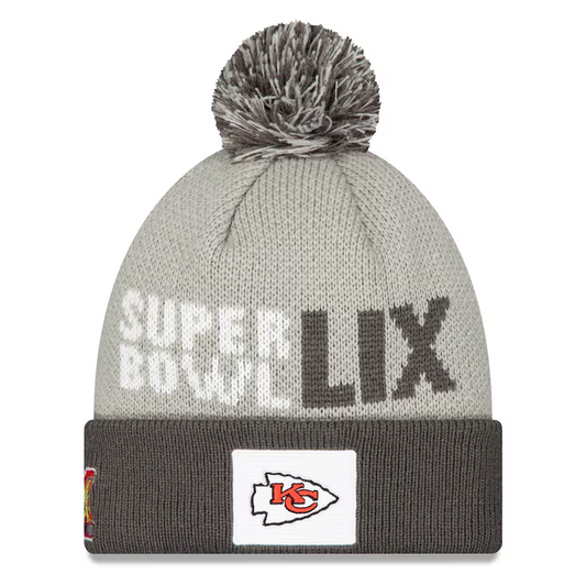 KANSAS CITY CHIEFS SUPER BOWL LIX OPENING NIGHT CUFFED KNIT WITH POM - GRAY
