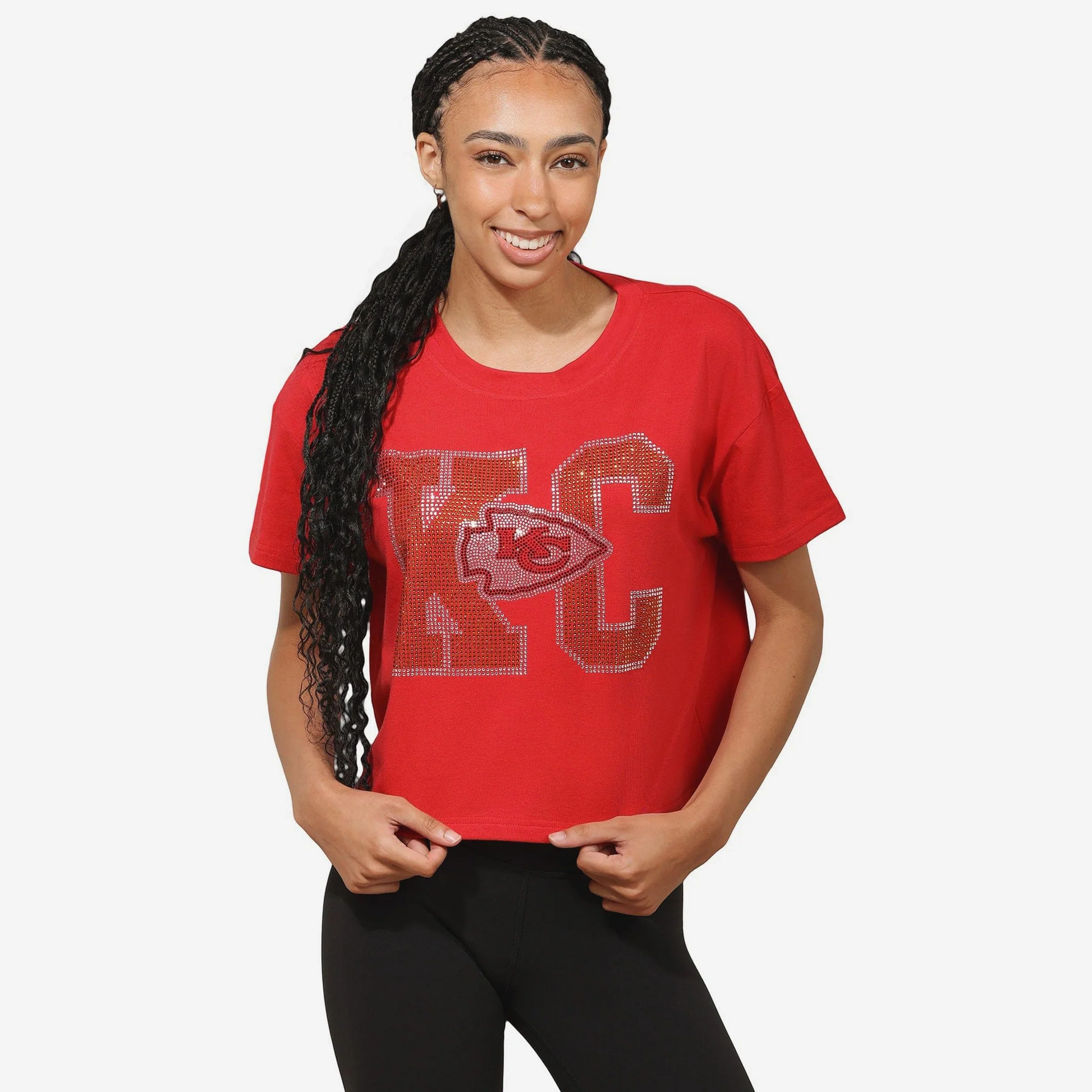 KANSAS CITY CHIEFS WOMEN'S FOCO RHINESTONE LOGO CROP TOP T-SHIRT - RED