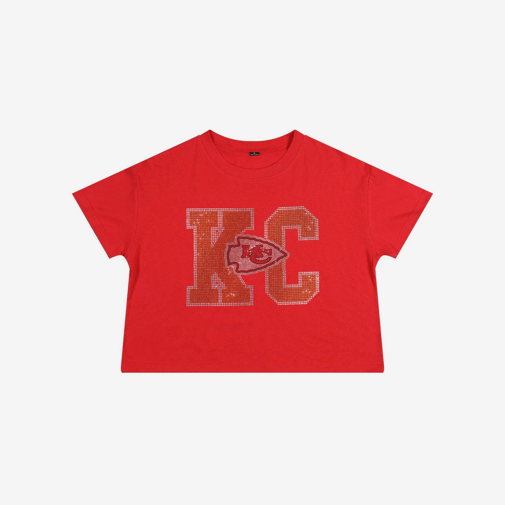 KANSAS CITY CHIEFS WOMEN'S FOCO RHINESTONE LOGO CROP TOP T-SHIRT - RED