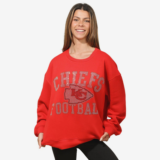 KANSAS CITY CHIEFS WOMEN'S FOCO RHINESTONE LOGO OVERSIZED CREW NECK SWEATSHIRT - RED