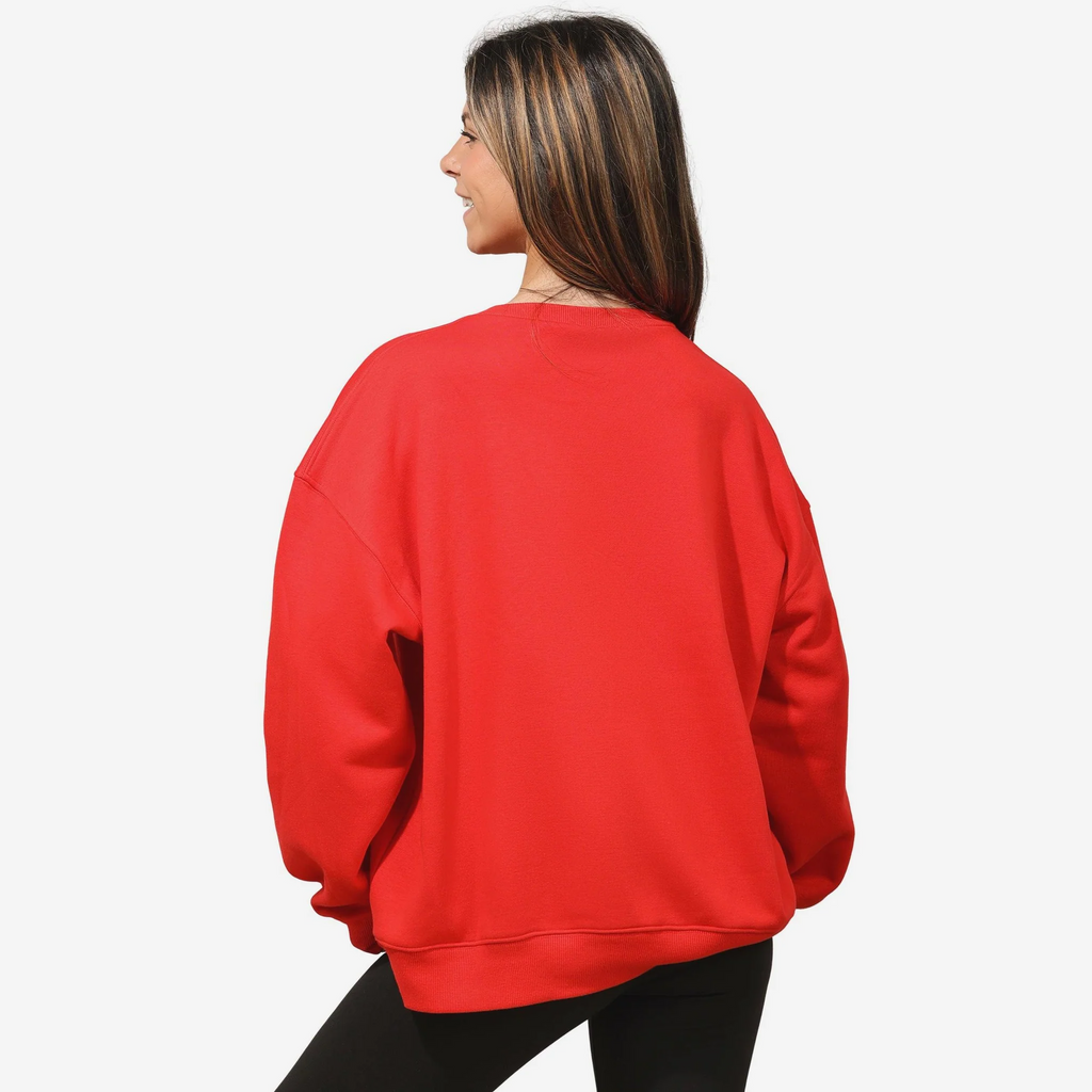KANSAS CITY CHIEFS WOMEN'S FOCO RHINESTONE LOGO OVERSIZED CREW NECK SWEATSHIRT - RED