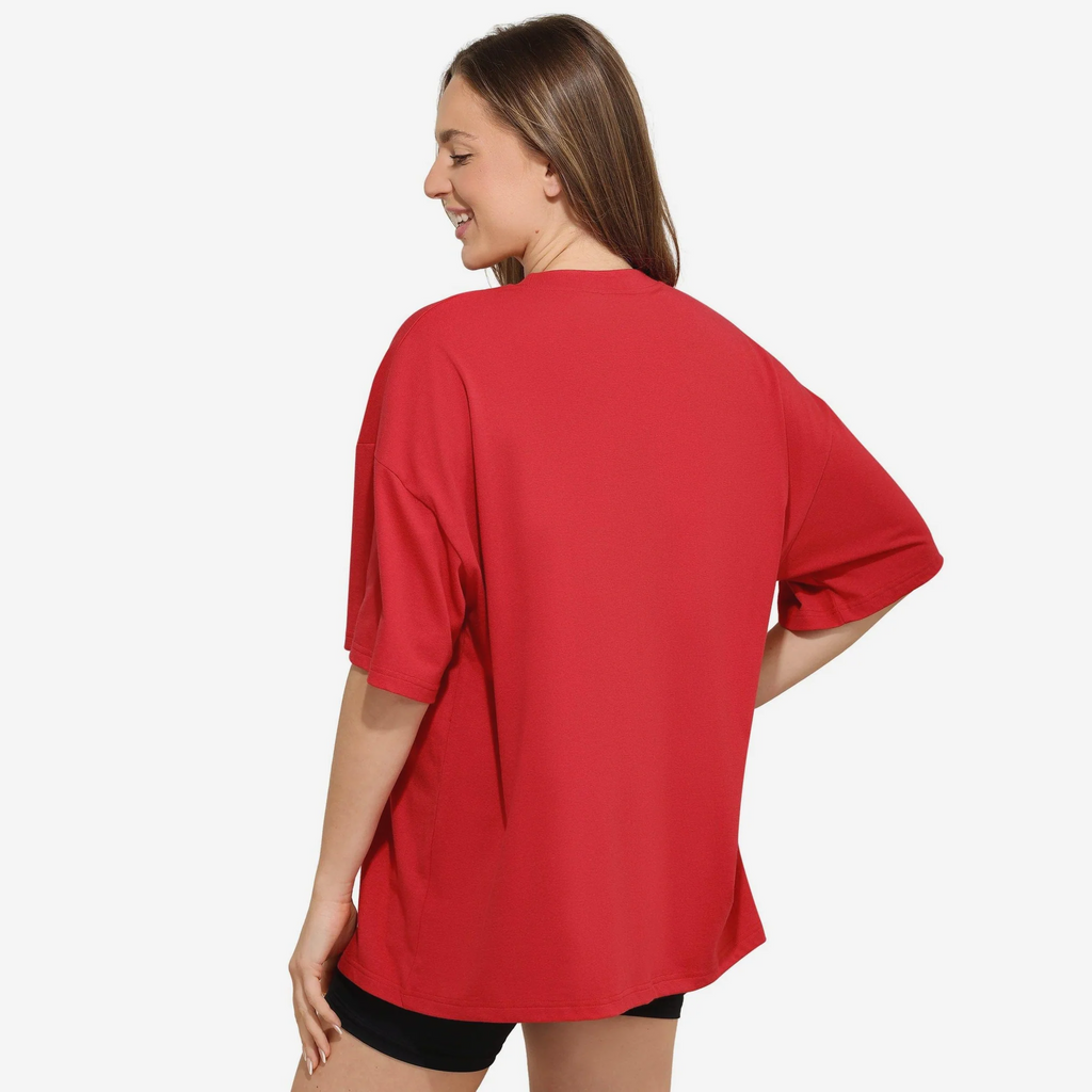 KANSAS CITY CHIEFS WOMEN'S FOCO RHINESTONE LOGO OVERSIZED T-SHIRT - RED