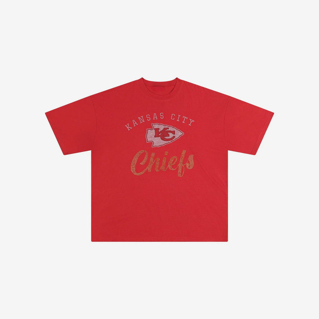 KANSAS CITY CHIEFS WOMEN'S FOCO RHINESTONE LOGO OVERSIZED T-SHIRT - RED