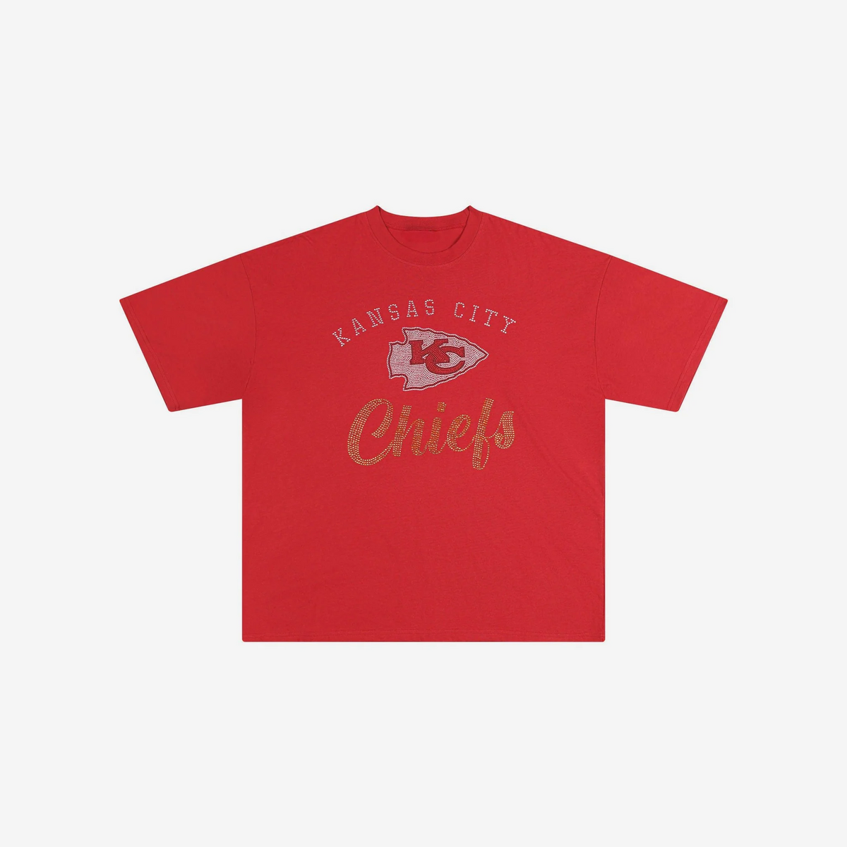KANSAS CITY CHIEFS WOMEN'S FOCO RHINESTONE LOGO OVERSIZED T-SHIRT - RED