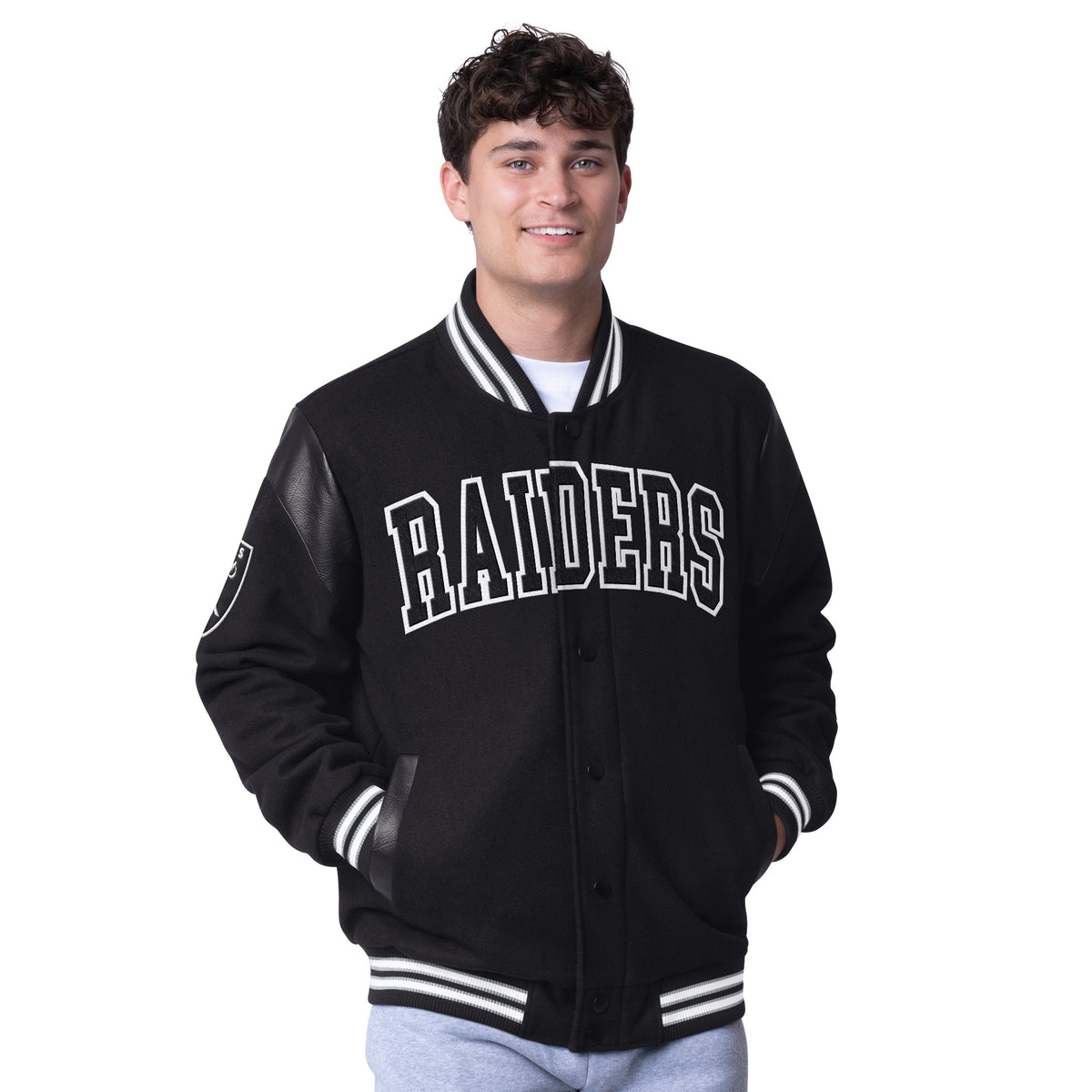 LAS VEGAS RAIDERS MEN'S CLUTCH HITTER VARSITY JACKET - BLACK