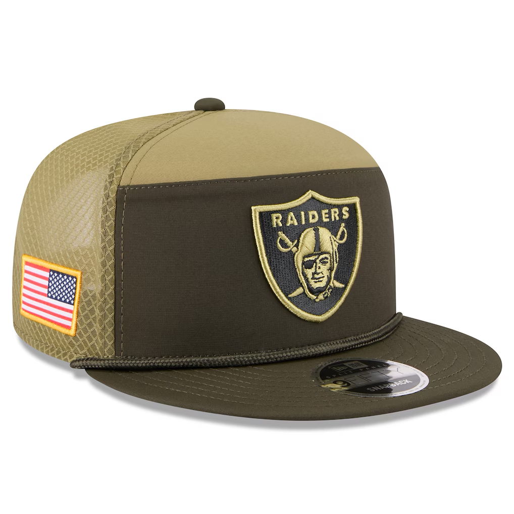 LAS VEGAS RAIDERS 2025 NFL SALUTE TO SERVICE SPLIT PANEL 9FIFTY SNAPBACK HAT - DARK GREEN