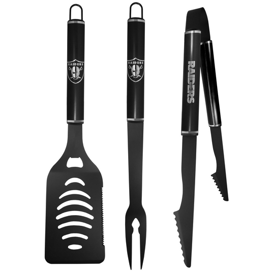 LAS VEGAS RAIDERS 3 PIECE MONOCHROMATIC BBQ SET - BLACK