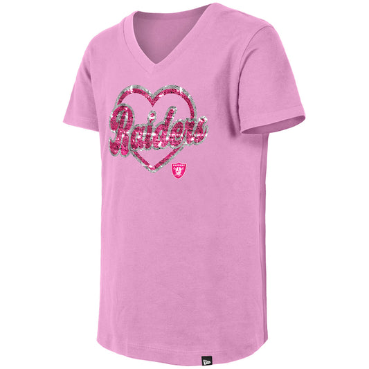 LAS VEGAS RAIDERS GIRLS FLIP HEART SEQUIN V-NECK T-SHIRT - PINK