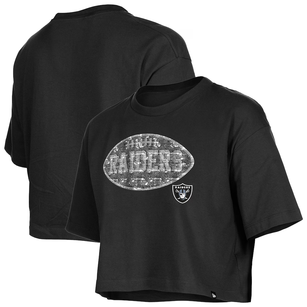 LAS VEGAS RAIDERS GIRLS NEW ERA  FOOTBALL FLIP SEQUINS BOXY T-SHIRT - BLACK