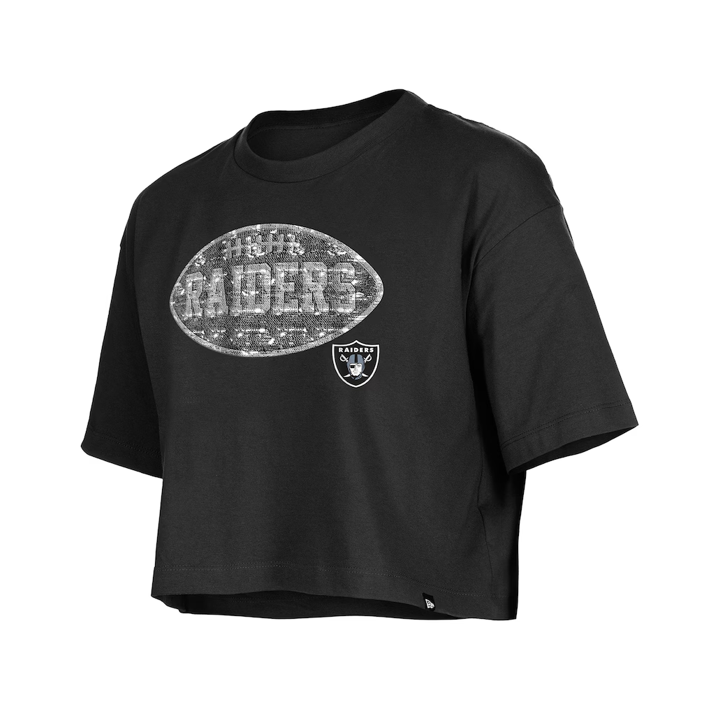LAS VEGAS RAIDERS GIRLS NEW ERA  FOOTBALL FLIP SEQUINS BOXY T-SHIRT - BLACK