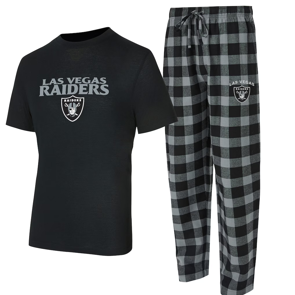 LAS VEGAS RAIDERS MEN'S COLLEGE CONCEPTS AVONDALE T-SHIRT & FLANNEL PANT SLEEPWEAR SET - BLACK/SILVER