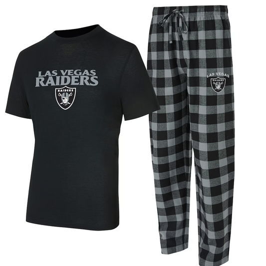 LAS VEGAS RAIDERS MEN'S COLLEGE CONCEPTS AVONDALE T-SHIRT & FLANNEL PANT SLEEPWEAR SET - BLACK/SILVER