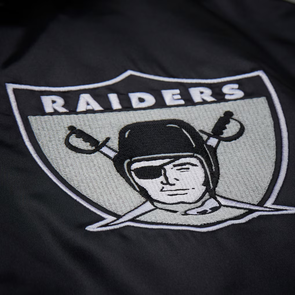 LAS VEGAS RAIDERS MEN'S MITCHELL & NESS DOWNTOWN VINTAGE COACHES FULL-SNAP SATIN JACKET - BLACK