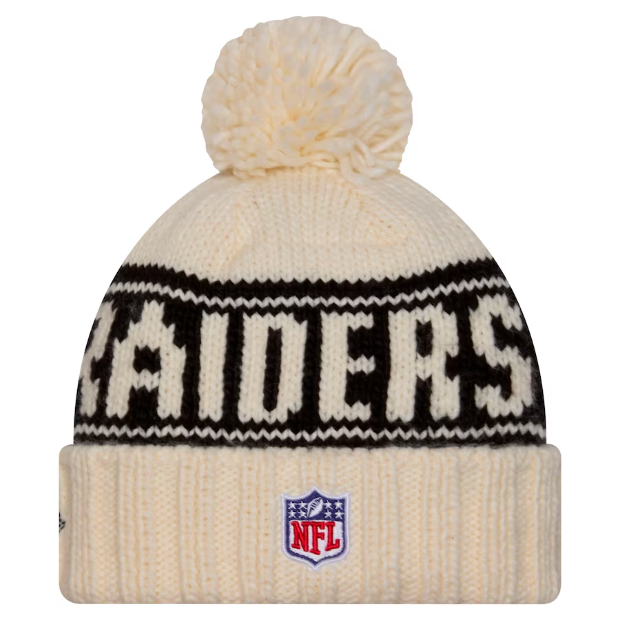 LAS VEGAS RAIDERS WOMEN'S 2024 NFL SIDELINE CUFFED KNIT BEANIE WITH POM - CREAM