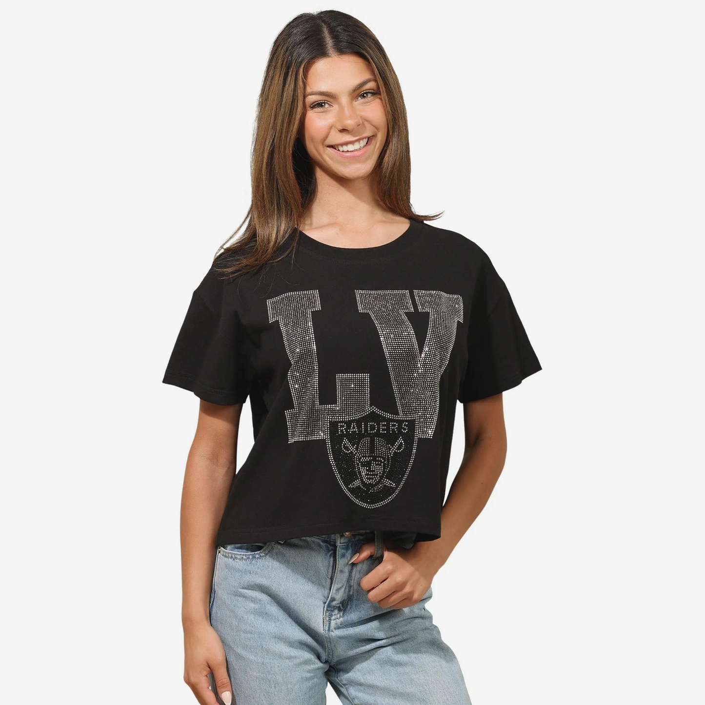 LAS VEGAS RAIDERS WOMEN'S FOCO RHINESTONE LOGO CROP TOP T-SHIRT - BLACK