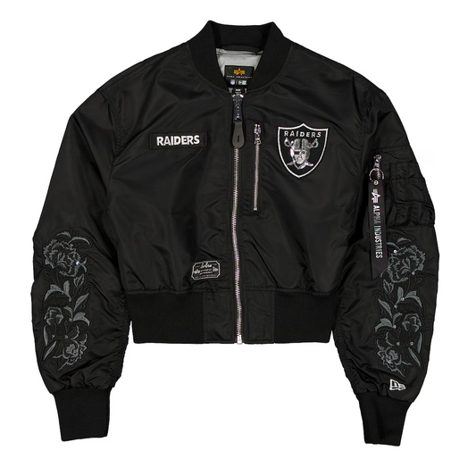 LAS VEGAS RAIDERS WOMEN'S NEWERA X ALPHA INDUSTRIES CROPPED FULL-ZIP JACKET - BLACK/SILVER