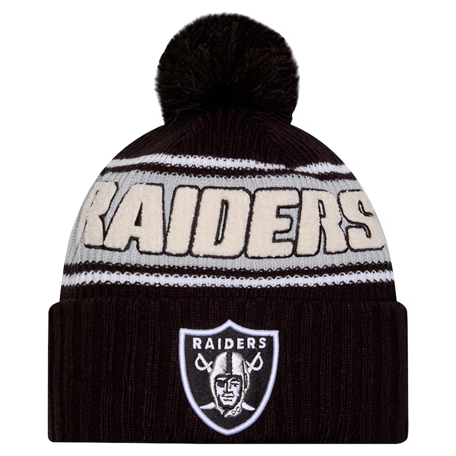 LAS VEGAS RAIDERS YOUTH 2024 NFL SIDELINE CUFFED KNIT BEANIE WITH POM - BLACK