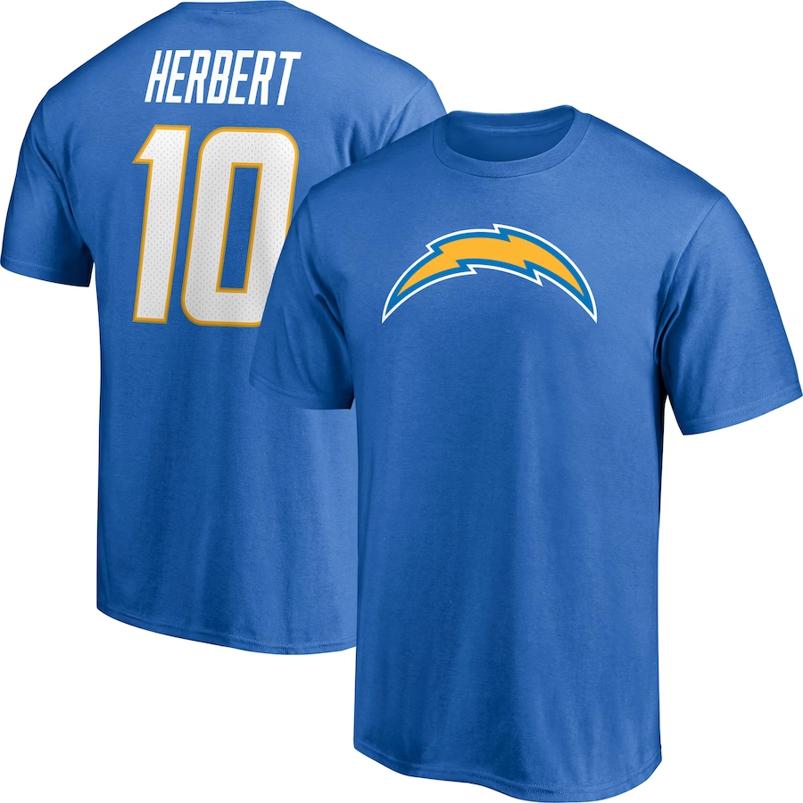 la chargers gear LOS ANGELES CHARGERS JUSTIN HERBERT MEN'S PLAYER ICON NAME & NUMBER T- –  JR'S SPORTS