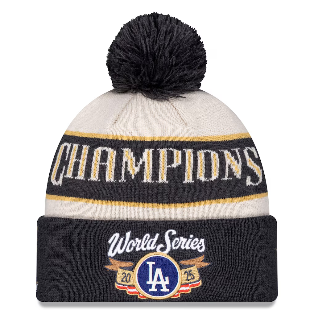 LOS ANGELES DODGERS 2025 MLB WORLD SERIES CHAMPIONS LOCKER ROOM CUFFED KNIT WITH POM  - CREAM/CHARCOAL