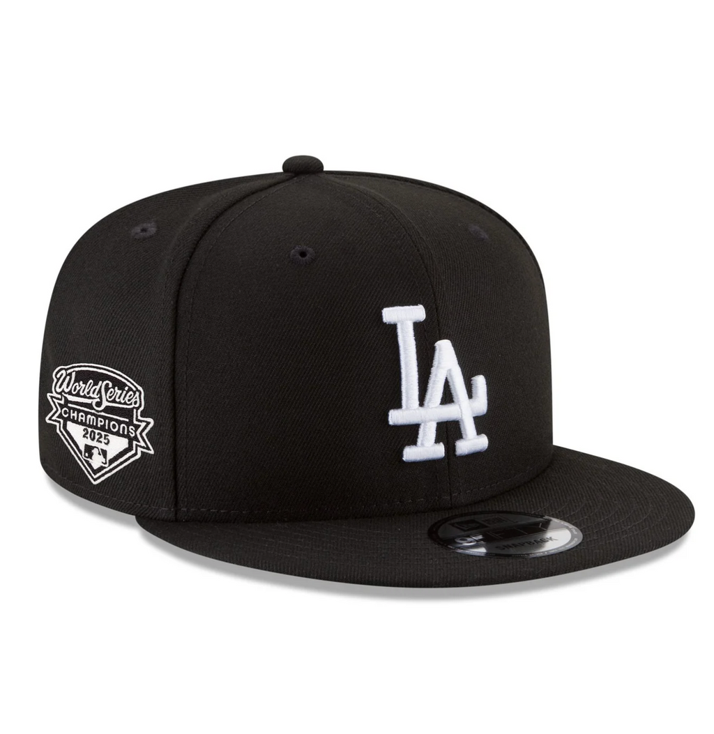 LOS ANGELES DODGERS 2025 WORLD SERIES CHAMPIONS SIDE PATCH 9FIFTY SNAPBACK HAT - BLACK/WHITE
