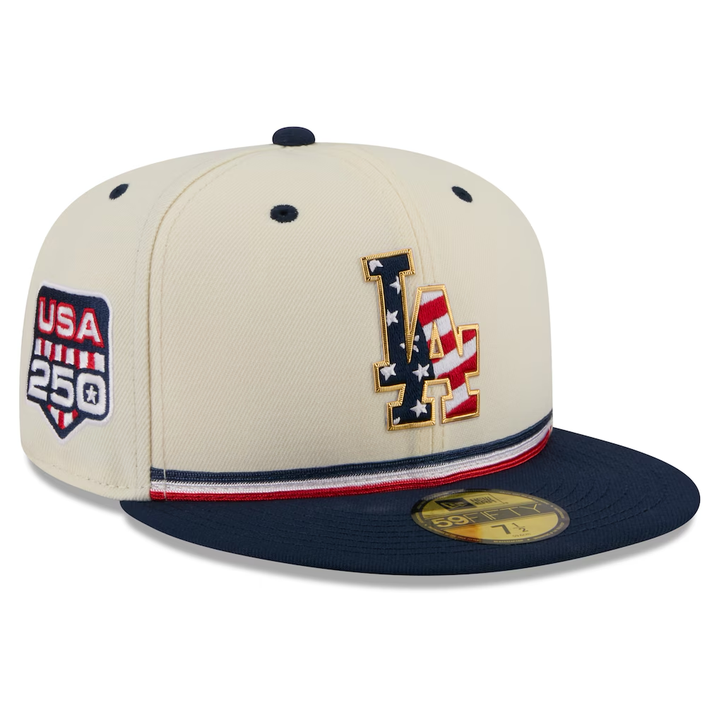 LOS ANGELES DODGERS 2026 MLB USA 250 4TH OF JULY 59FIFTY FITTED HAT - CHROME WHITE/NAVY