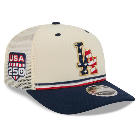 LOS ANGELES DODGERS 2026 MLB USA 250 4TH OF JULY 9SEVENTY ADJUSTABLE SNAPBACK TRUCKER HAT - CHROME WHITE/NAVY